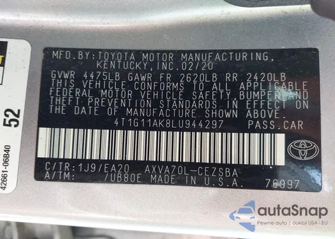2020 Toyota Camry Se from USA, damaged, VIN 4T1G11AK8LU944297
